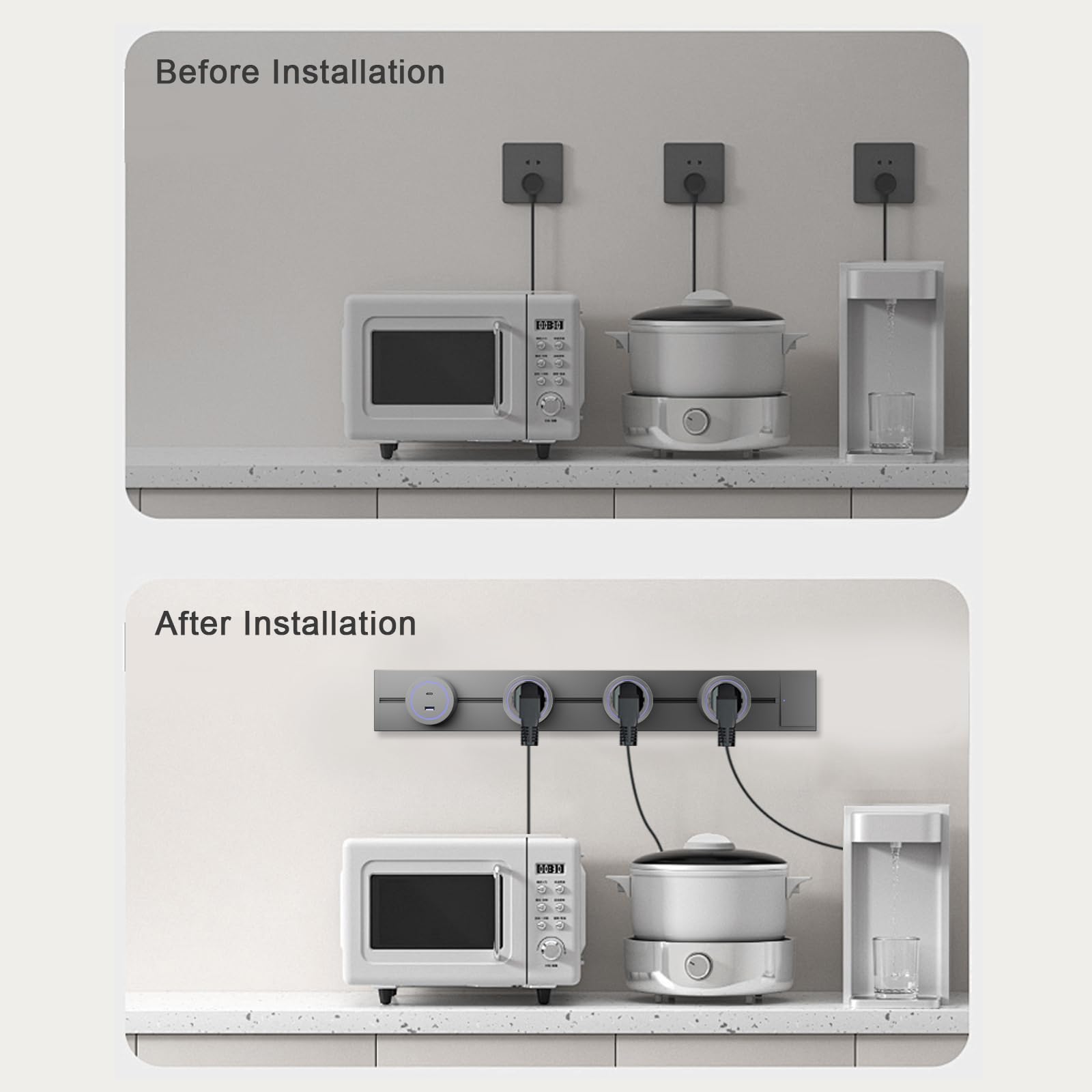 CNBINGO Toma de pista, enchufes eléctricos con 4 adaptadores, riel de enchufe de pared de 60 cm con interruptor para hogar, oficina, cocina, color gris
