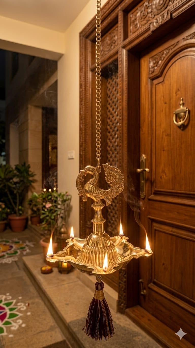 Infinite Skies Corporation : Ethnic Peacock Design 5 Oil Wick Brass Hanging Diya, Golden Antique Finish, Nilavilakku for Decoration, Thooku Vilakku, 18 Inch Chain Length, Pack of 1-image-12