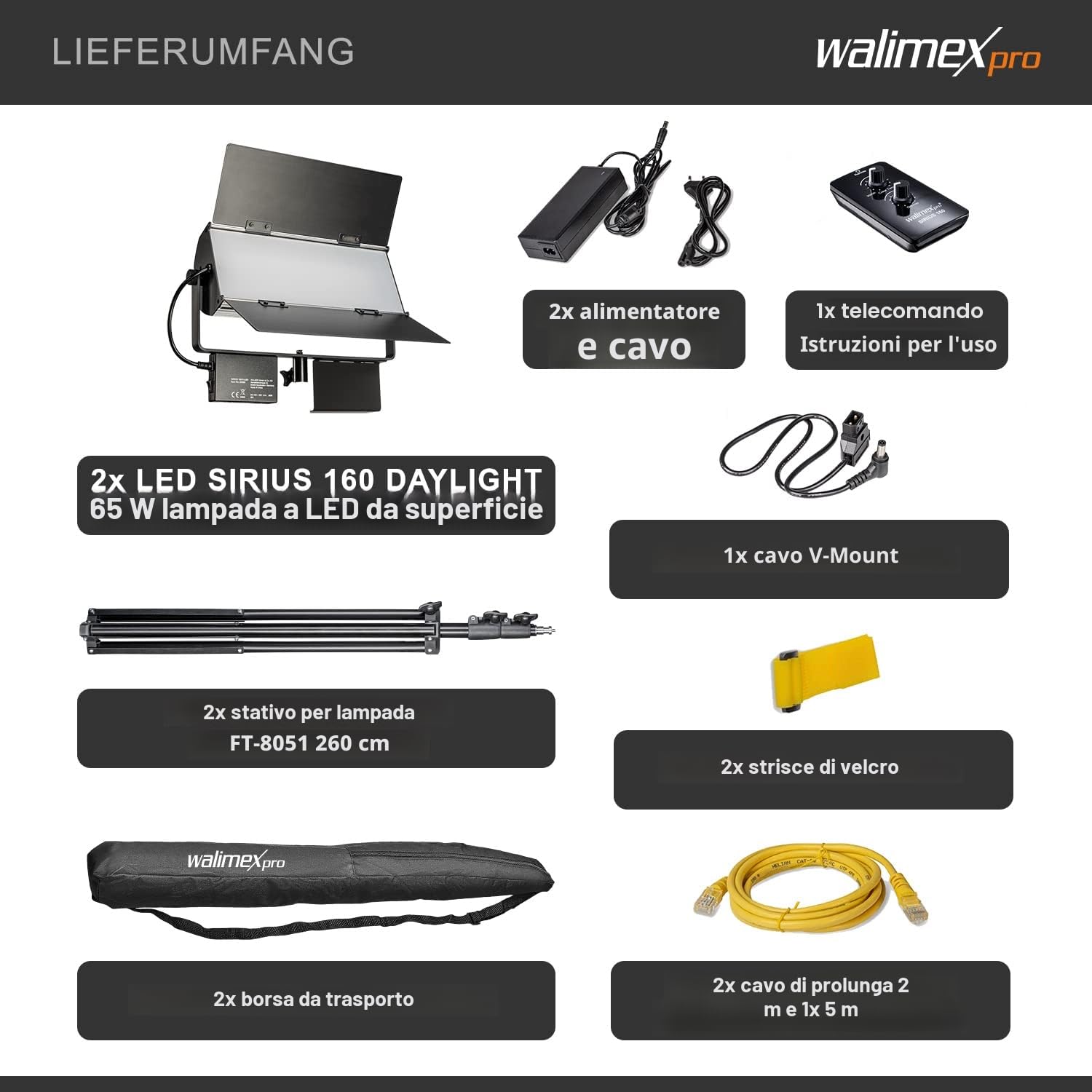 Walimex pro Set studio foto 2 Luci LED a pannello Sirius 160 daylight 65 W, 5600 K + 2 cavalletti fotografici con smorzamento a molla + telecomando