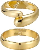 Emibele 18K Gold Plated Cuff Bracelet Stack Set, Teardrop Hinged Chunky Open Bangles for Women, Non-Tarnish 2 Pack Jewelry Gift