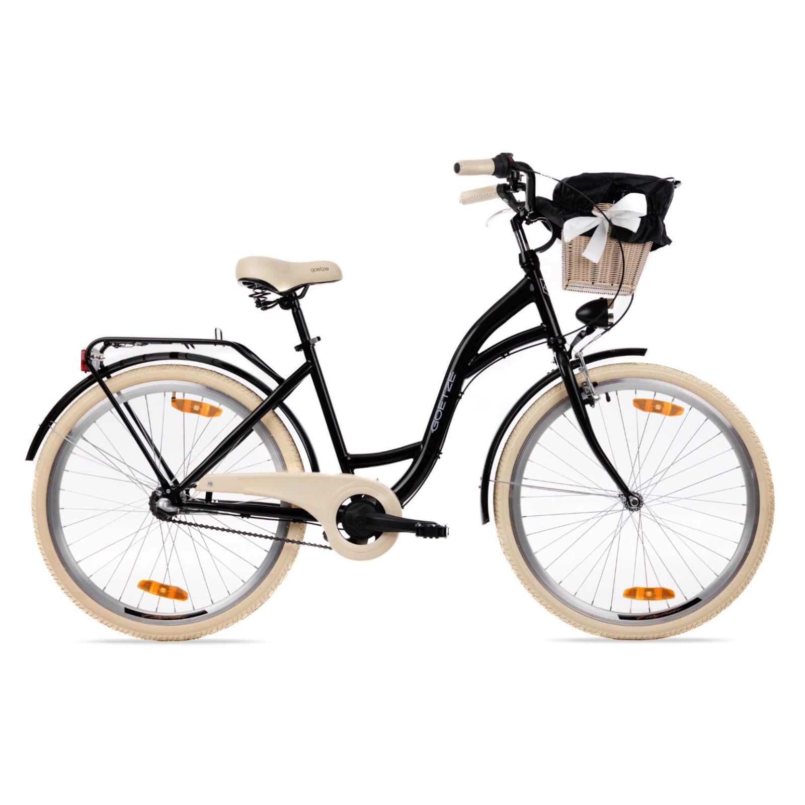 Goetze Style 26 Zoll Citybike, 17 Zoll Tiefeinsteiger Rahmen, 3-Gang Nabenschaltung, Rücktrittbremse, V-Bremse vorne, LED-Beleuchtung, Rattankorb, Komfortsattel, mit Seitenständer & Klingel