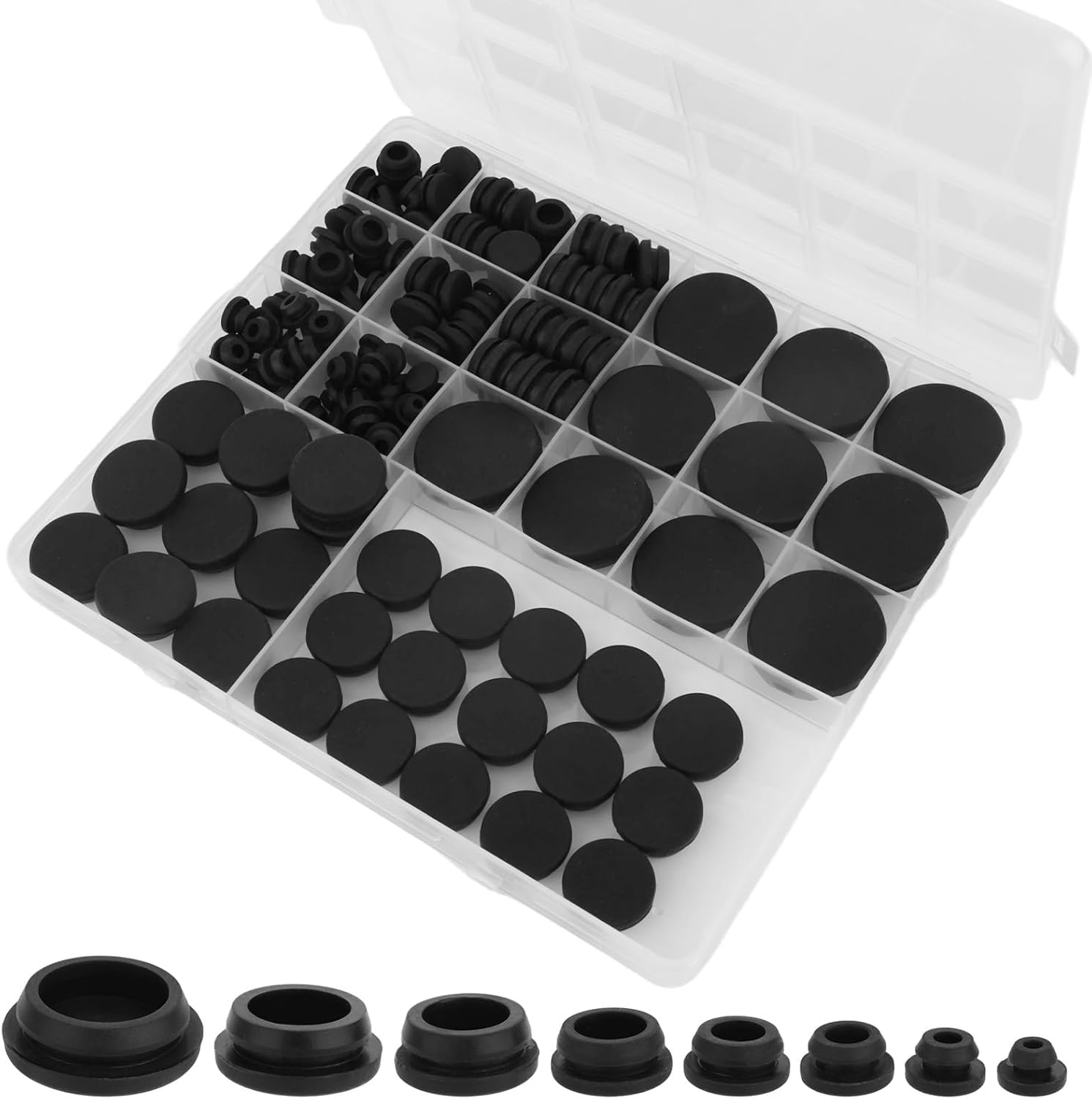 125 Pack Black Silicone Hole Plugs - Assorted Sizes Round Rubber Stoppers, Waterproof Flexible Grommets for Home, Furniture & Car Wiring