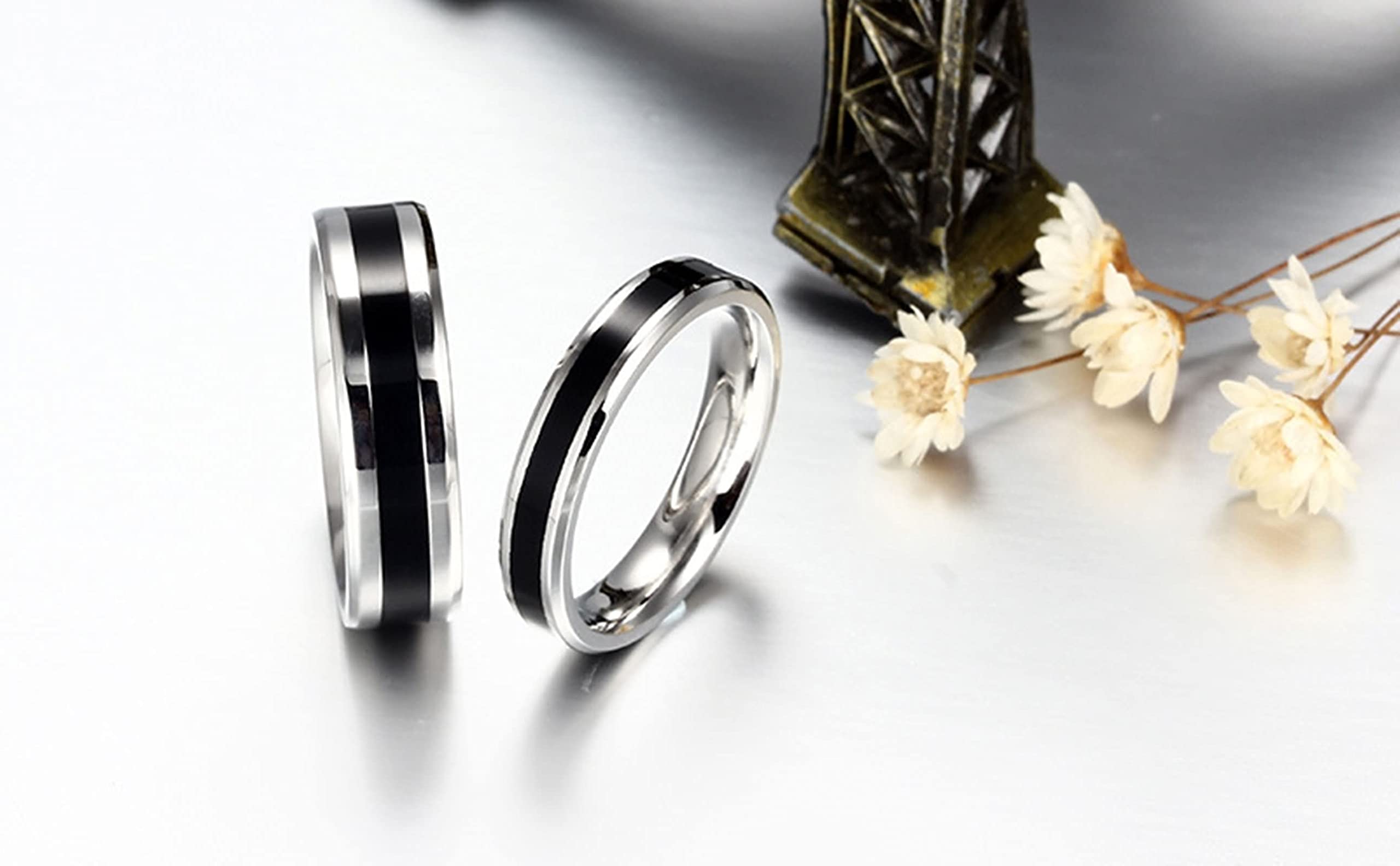 Anillo Mujer Anillos Hombre,Anillos Personalizables Pareja Anillos Pareja Acero Inoxidable Plata Negro 4/6MM con Redondo Pulido Anillo Alianza Pareja