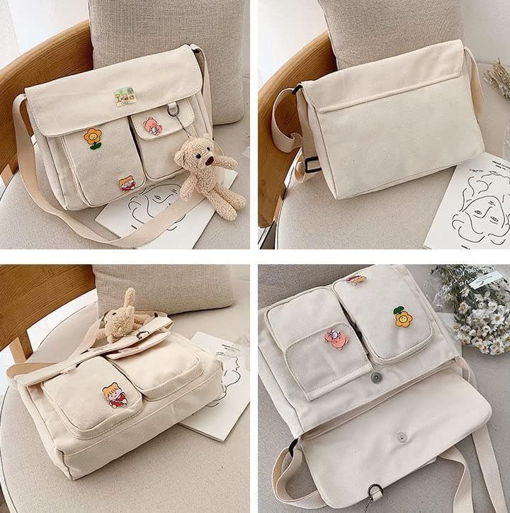 Canvas Crossbody Bag Messenger Cute Bag with Pins and Pendant for Women Girls Casual Shoulder Aesthetic School bag - Image 7