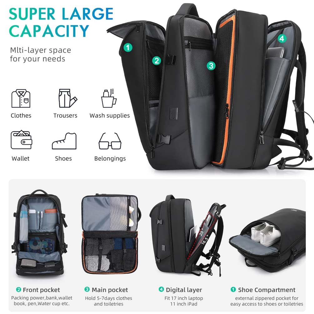 Uomini e Donne Zaino da Viaggio, Espandibile Zaino Porta PC 17.3 Pollici Impermeabile Zainetto Lavoro Con Vano per Computer e Porta di Ricarica USB per lavoro Università,Nero