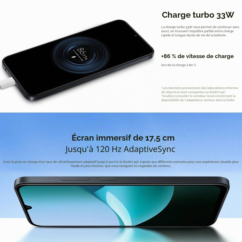 XIAOMI Redmi 15C 4G Telephone Portable, 6.9", Noir, 8Go+256 Go, Batterie 6000 mAh (typ.), système Double caméra IA 50 MP, Charge Turbo 33 W, Android 15, HyperOS 2, avec Chargeur, sans NFC