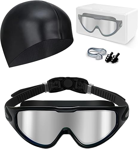 Gafas de natación antivaho anti UV, visión amplia y sin fugas, gafas de natación y gorro de natación para hombres, mujeres, adultos y jóvenes