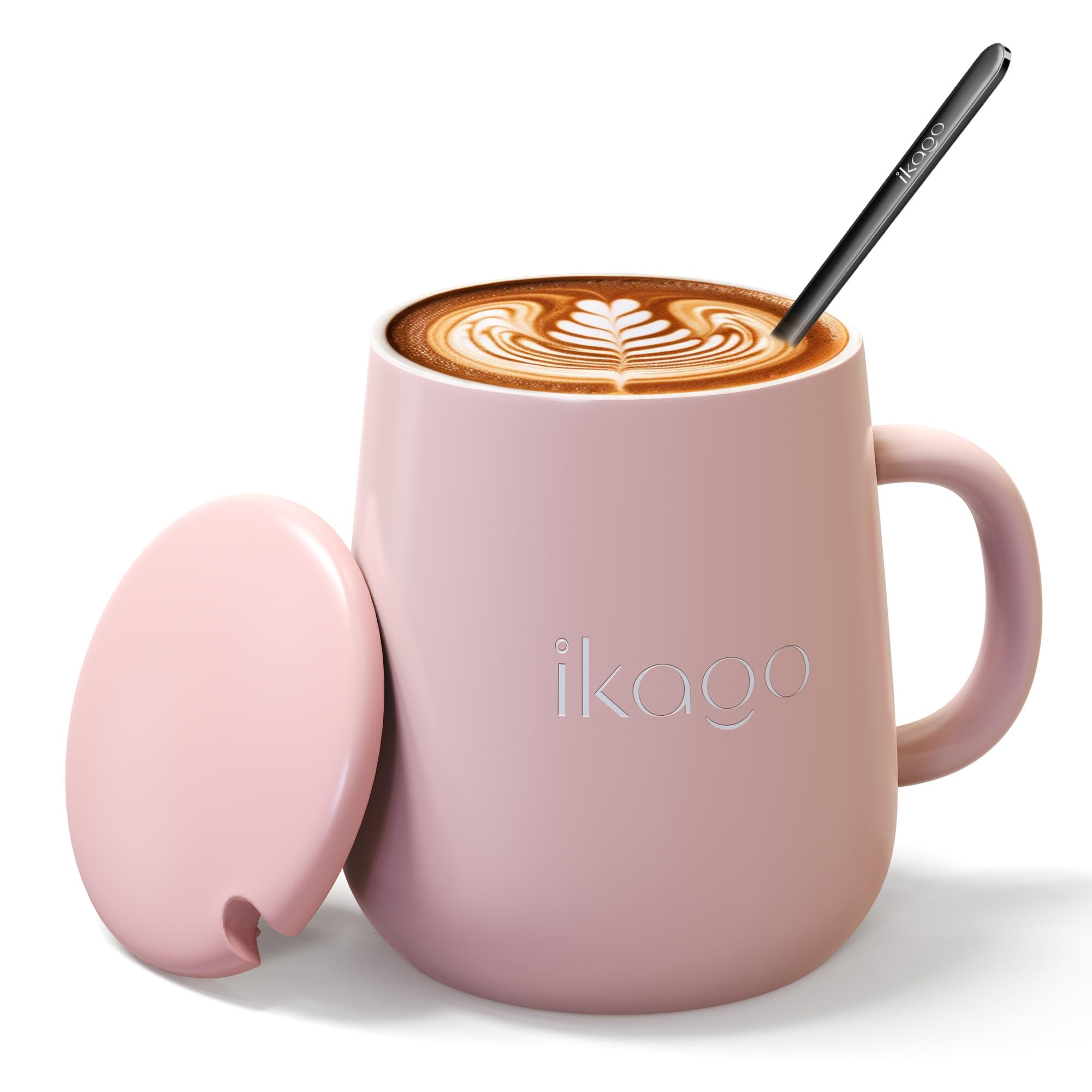 Ceramic Coffee Mug Set, 15oz Mugs with Lid and Spoon, Pink Coffee Mug, Matching Mug lid, Novelty Laser Engraving Pattern, Best Gift for Coffee, Tea, Cocoa Lovers