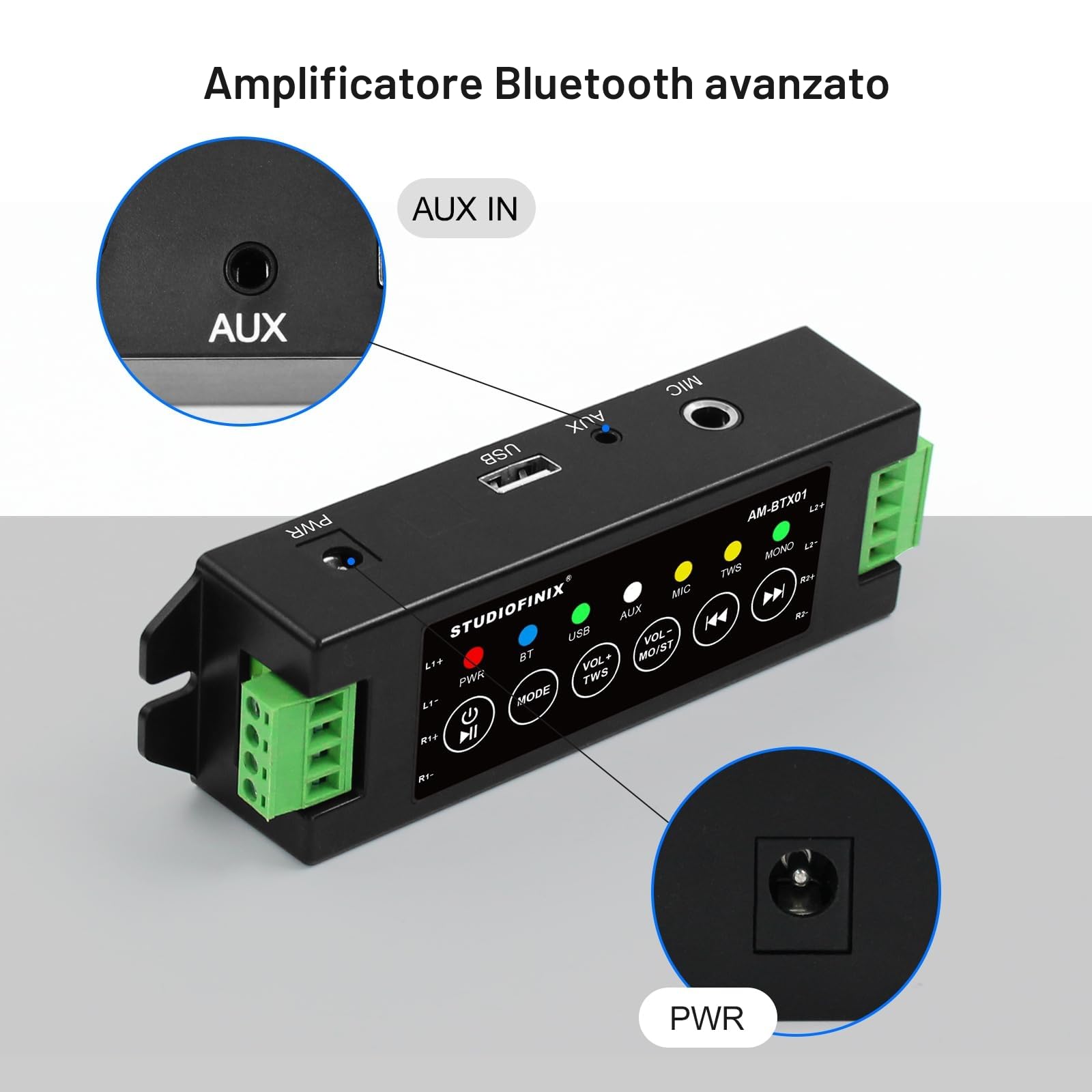 STUDIOFINIX 4 Canali Mini Amplificatore 5.1 Bluetooth 120w per altoparlanti passivi con TWS, AUX, MIC, USB, parte di ricambio, adatto per altoparlanti a parete/soffitto/marino/libreria