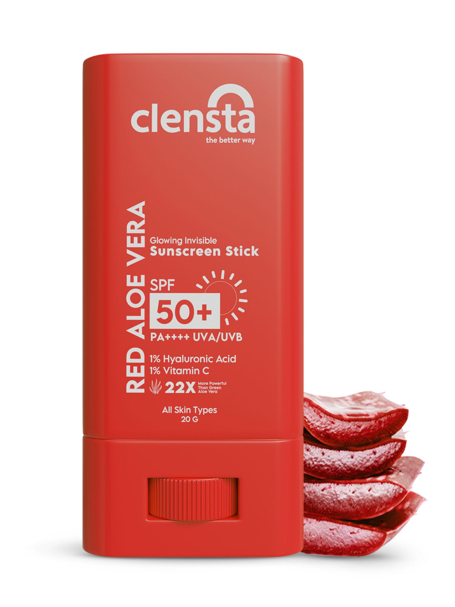Clensta Red Aloe Vera Sun Stick SPF 50 PA++++ with Hyaluronic Acid &1% Vitamin C | Broad Spectrum UVA & UVB Protection | No White Cast, Lightweight & Travel-Friendly | Easy Reapplication Sunscreen Stick | 20gm