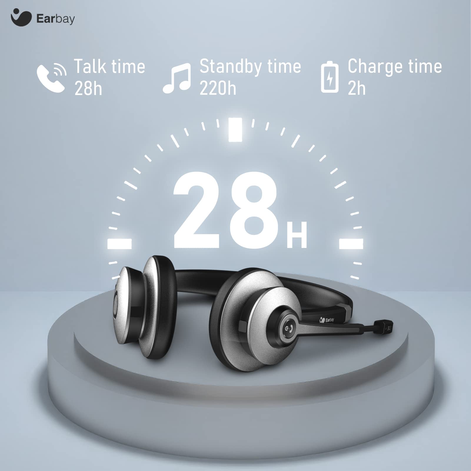 Earbay Bluetooth Headset, Wireless Headset with Mic Noise Canceling, Stereo PC Headphones with Microphone Mute&28H Clear Talking Time for Office/Computer/Smartphones/Skype/Zoom/Meetings/Call Center