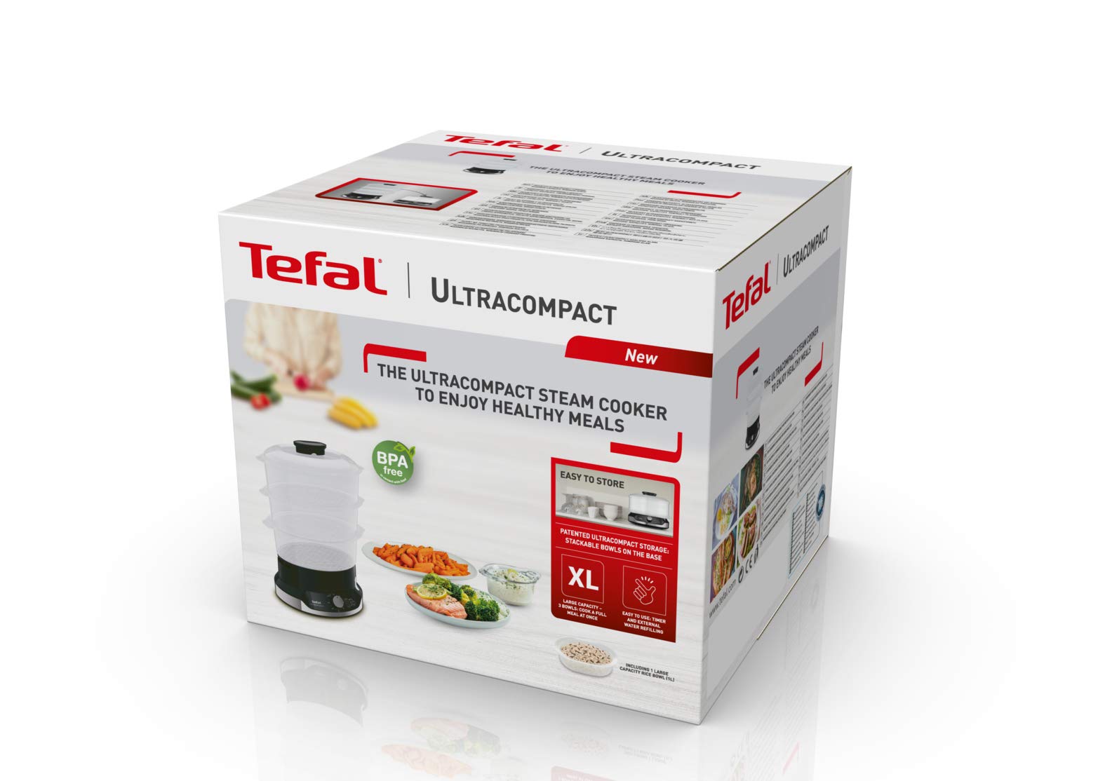 Tefal Ultracompact Dampfgarer, Stapelbares Aufbewahrungssystem, Gesundes Kochen, 3 Aufsätze, 60-Minuten-Timer, Auffüllen Beim Garen, 9-L-Kapazität, Inkl. Reis-Einsatz, 800 W, VC2048