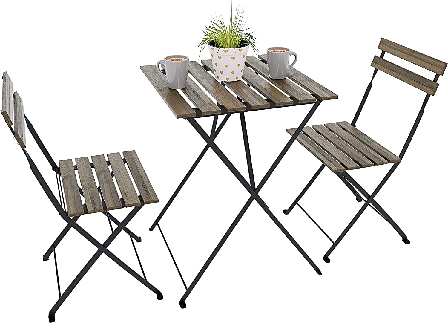 Bricozone Set Bistrot Tavolino Pieghevole e 2 Sedie Salvaspazio in Legno Acacia e Metallo per Patio Giardino Veranda Esterno Balcone Piscina Terrazzo Design Industrial Marrone e Nero