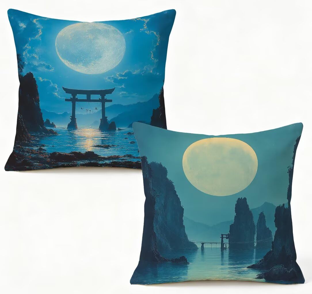 Funda cojín 50x50 de lino premium impresión HD doble cara motivos Luna y Torii decorativos