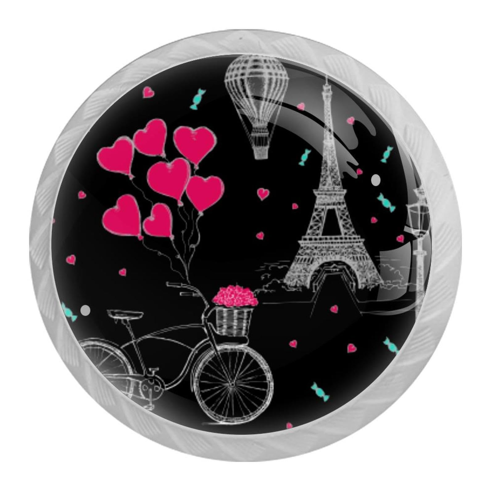 Tqmspg Multi08 4 Pieces Drawer Pulls Bicycle Eiffel Tower Print Door Knobs Dresser Handles For Kitchen Wardrobe Cupboard Hardware Furniture