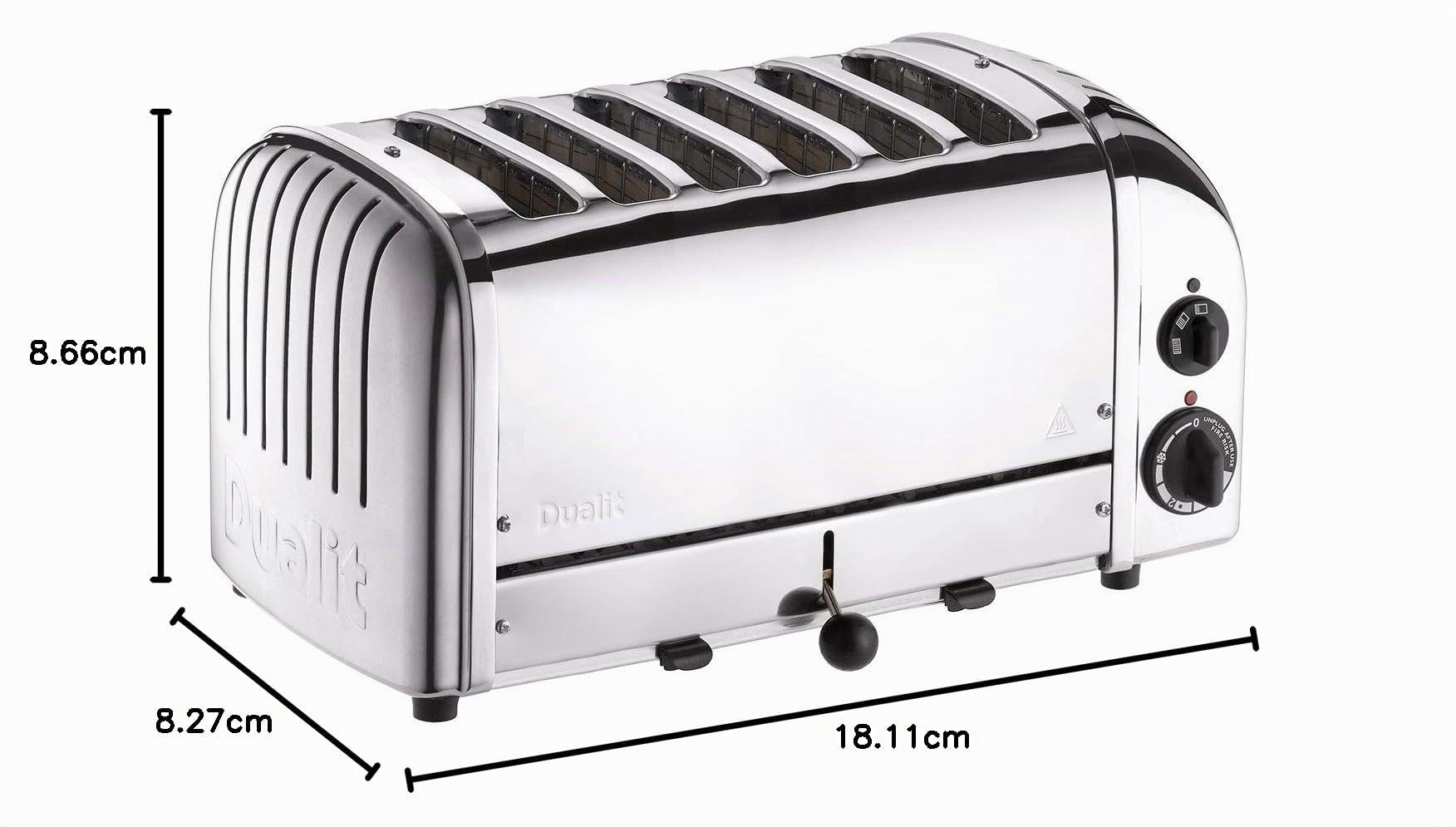 Dualit - Grille-pain Dualit Vario 6 tranches 3 kW 60144, inox - Faites griller 2, 4 ou 6 tranches avec sélecteur de fentes ; 220(H) x 460(l) x 210(P) mm, tiroir à miettes, patins en caoutchouc, E972