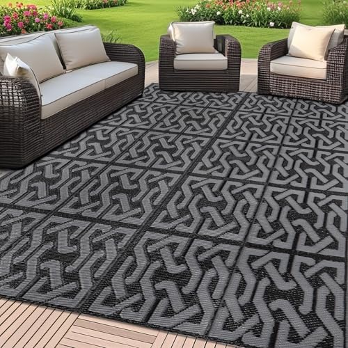 SAND MINE Reversible Mats, Plastic Straw Rug, Modern Area Rug, Large Floor Mat and Rug for Outdoors, RV, Patio, Backyard, Deck, Picnic, Beach, Trailer, Camping (5' x 8', Black & Grey)