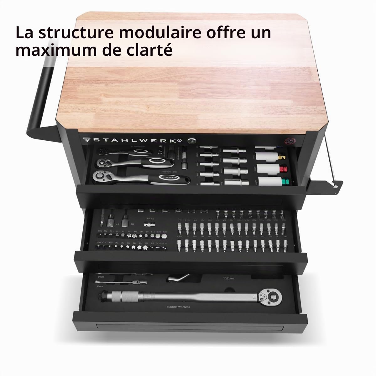 STAHLWERK Chariot d'atelier CROW, Outillage équipé de 235 outils de qualité supérieure en chrome vanadium - Chariot de montage professionnel avec 7 tiroirs et roulettes Long-Life caoutchoutées
