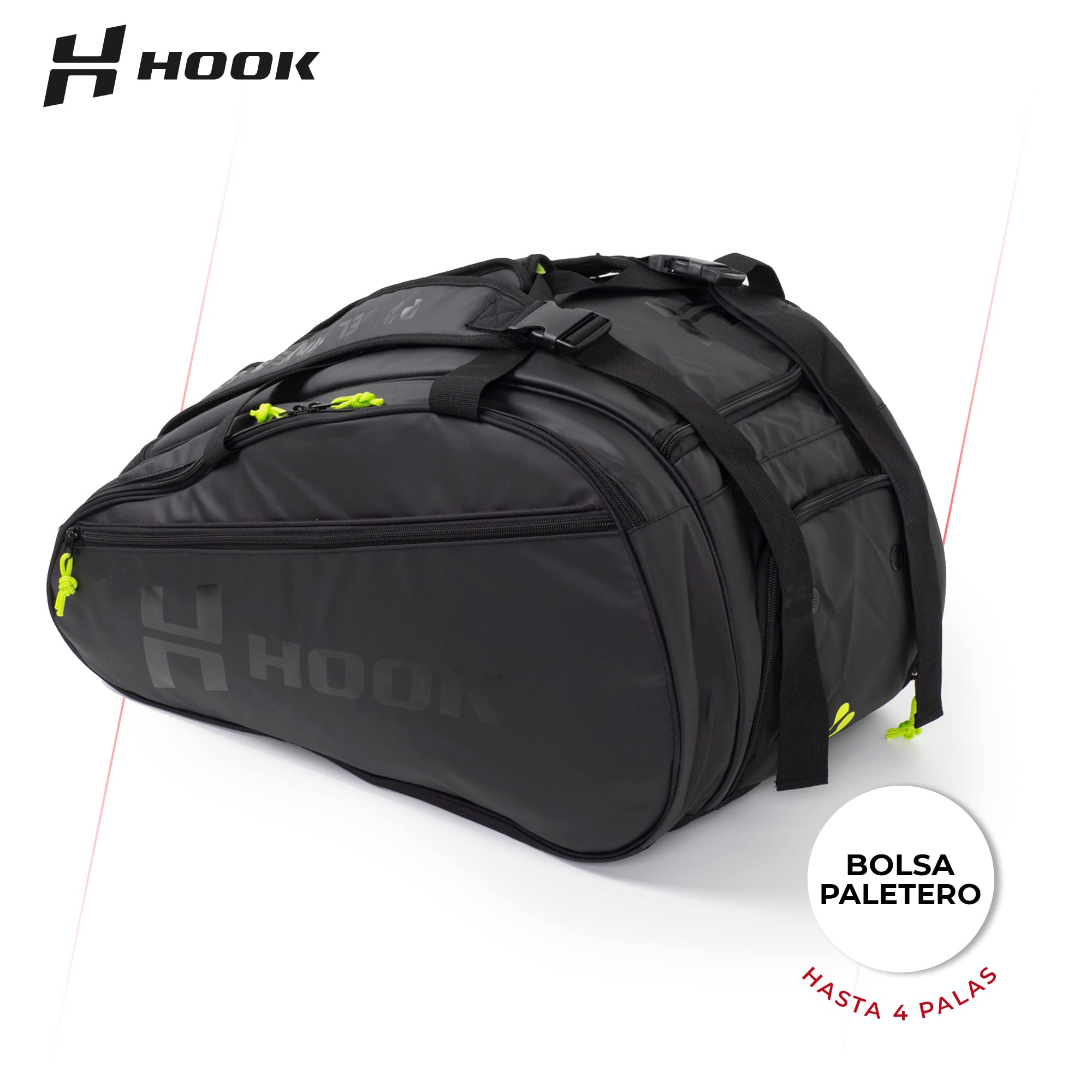 PADEL RACKETS INNOVATION SL. Hook - Paletta per 4 pale da paddle - 61 x 38 x 30,5 cm - Unisex - Molteplici tasche - Compatimento per scarpe - Cinghie rimovibili e regolabili