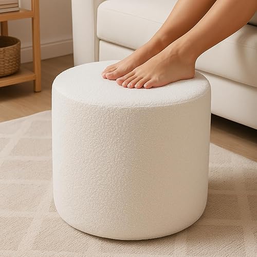 KKdema Round Pouf Ottoman and Foot Rest, Soft Boucle Footstool Ottomans for Living Room, Comfort Foam Stuffed Poofs for Couch Desk Resting Your Feet, White - White - 17.7"D x 17.7"W x 15.7"H