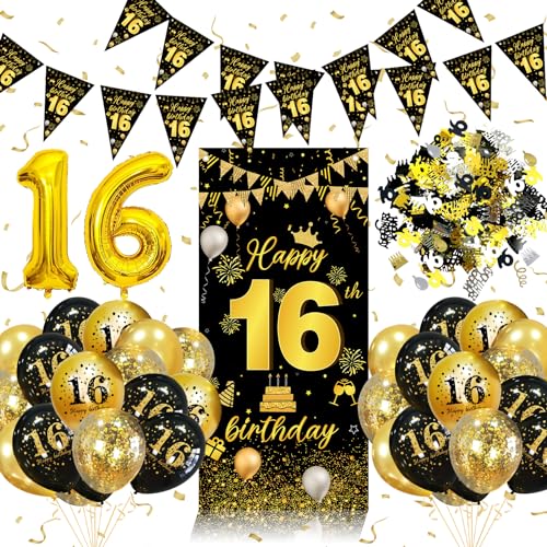 16. Geburtstag Deko Schwarz Gold Deko 16 Geburtstag für Jungen Mädchen