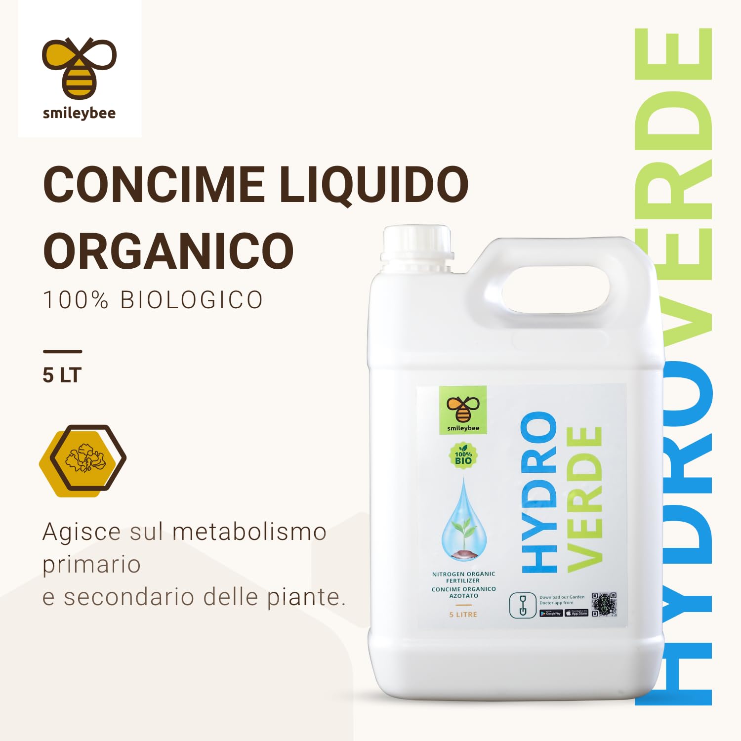 Hydroverde Concime Liquido Fertilizzante Biostimolante a Base di Amminoacidi, 100% Biologico - Nutre e Protegge la Pianta in Modo Completamente Naturale - 5 Litri