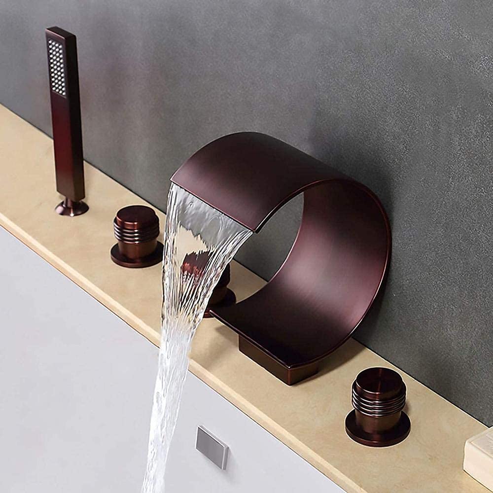 Grifo de bañera estilo cascada de latón con grifo de ducha de mano, grifo de bañera de 3 asas, grifo de bañera de 5 agujeros con manguera de ducha, baño, cocina, lavabo Pressu