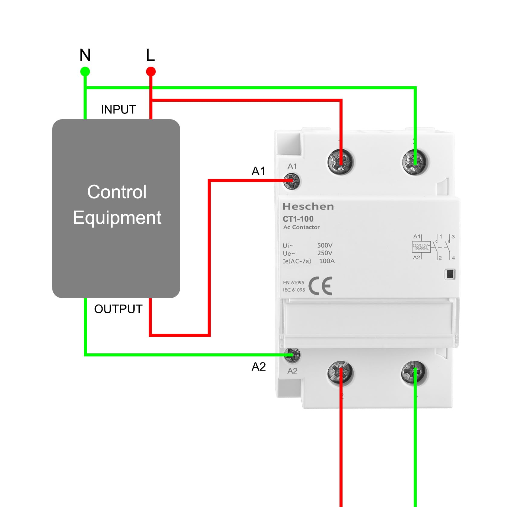 Heschen Contactor de CA para el hogar, CT1-100, 2 polos dos normalmente abiertos, voltaje de bobina de AC 220V/240V, montaje en riel DIN de 35 mm
