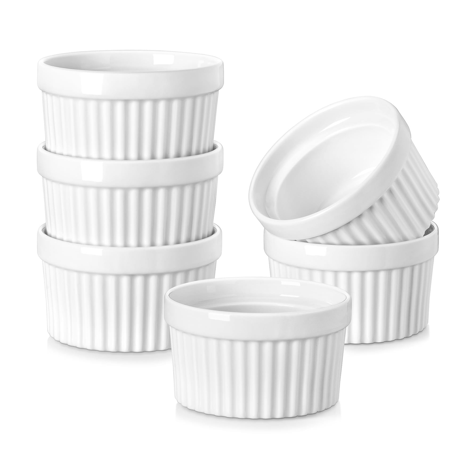 MALACASA Creme Brulee Schälchen 6er Set, Souffle Förmchen zum Backen, Souffleeförmchen Backofenfest, Ofenfeste Creme Brulee Schalen, Mini Auflaufform, Weiß, Serie Ramekin