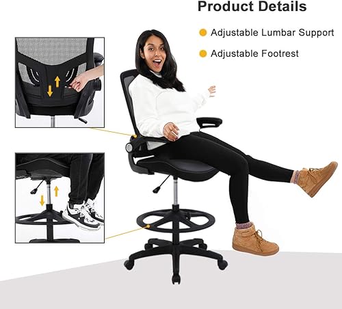 Miniatura 3 de Silla de dibujo ergonómica alta de oficina silla de escritorio de pie con brazos abatibles soporte de espalda taburete de malla de altura ajustable