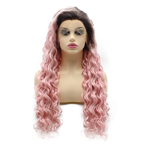 Aurssa Long Curly Dark Roots Pink Ombre Heat Resistant Lace Front Wig - Dark Roots Pink