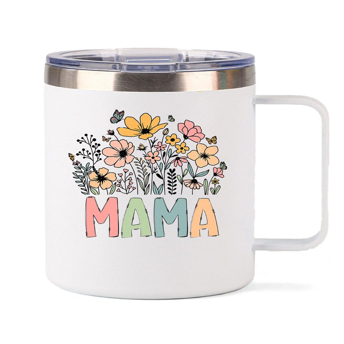Xinvast Mama Insulated Mug with Handle, Stainless Steel Double Wall Vacuum Metal Coffee Tumbler Cup for Mom Grandma 14 oz