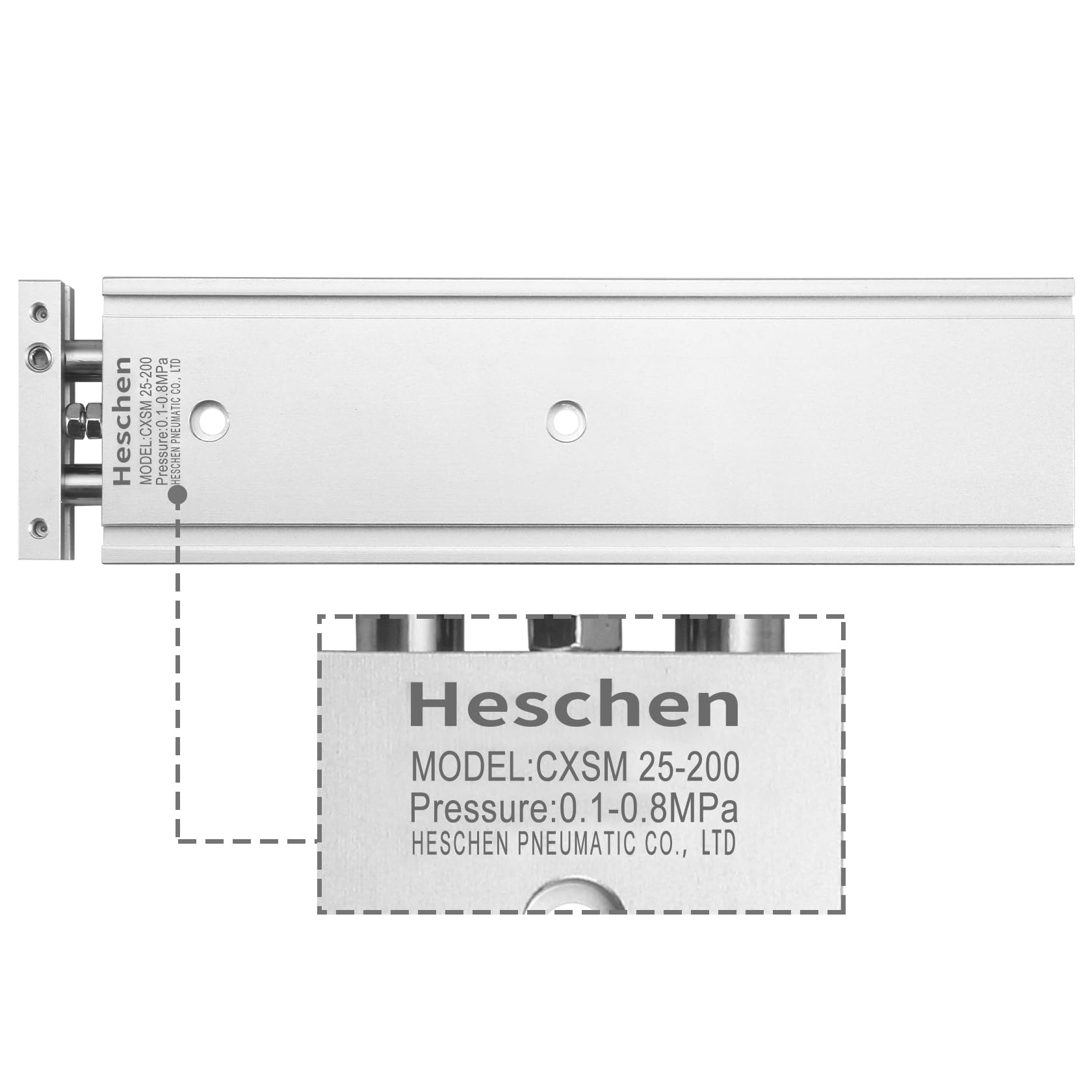 Heschen Doppelter Aluminium-Luftzylinder, CXSM 25-200, Führungsstangen-Platte, Doppelstabgeführt, Pneumatisches Gleitlager, Gepolstert, 25mm Bohrung, 200mm Hub, Doppelt Wirkend
