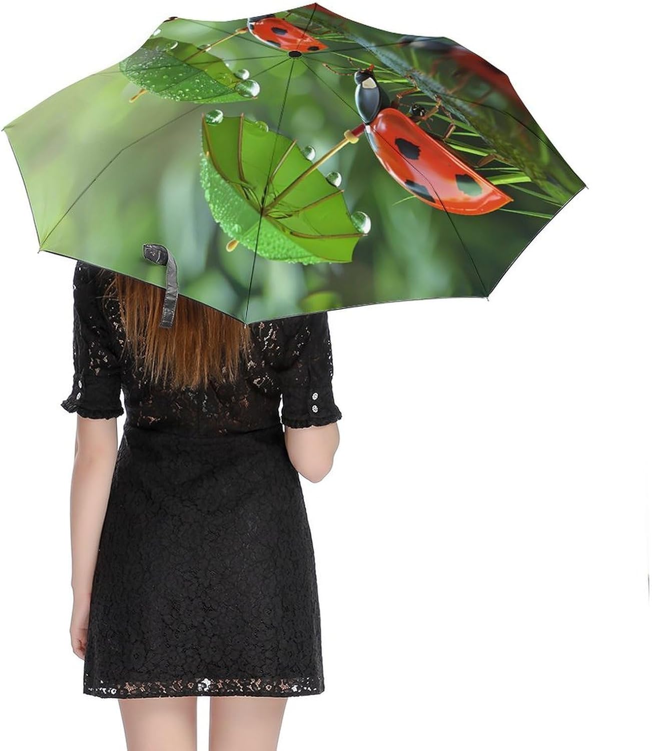 Cartoon Ladybugs Auto Open Close Umbrella 3-Fold Design for Rain Sun Protection Leaves Windproof Compact Umbrella for Walking Travel Lightweight