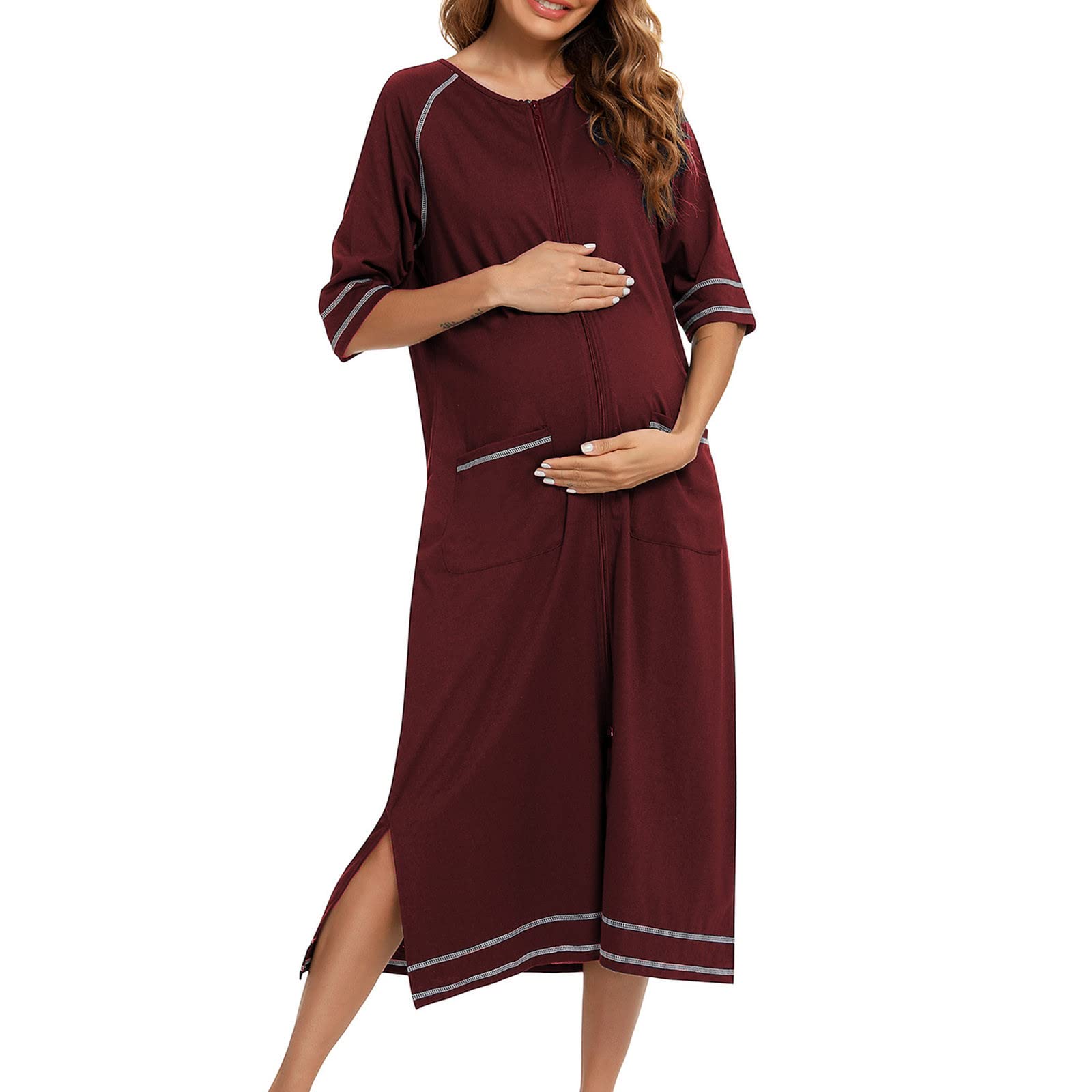 Robe de chambre en coton pour femme - Légère et douce - Avec fermeture éclair - Longueur totale - Confortable - Vêtement de détente