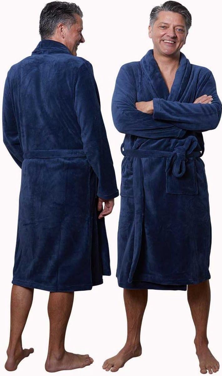 Relax Company - Fleece-Bademantel mit Namen Bestickt - Bademantel - Schalkragen - Männer und Frauen - Stickerei personalisiert - Dunkel Blau - L/XL - SKU 790-RC