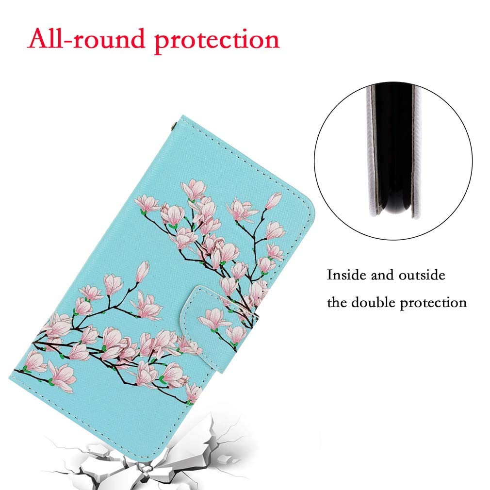 AIFILLE Compatibile con Custodia Oppo A52/A72/A92 Azzurra con Disegni Elegante Fiore Rosa Premium PU Pelle Portafoglio Anti-Slip Anti Urto Protettiva Flip Slim Fit Cover Libro per Oppo A52/A72/A92
