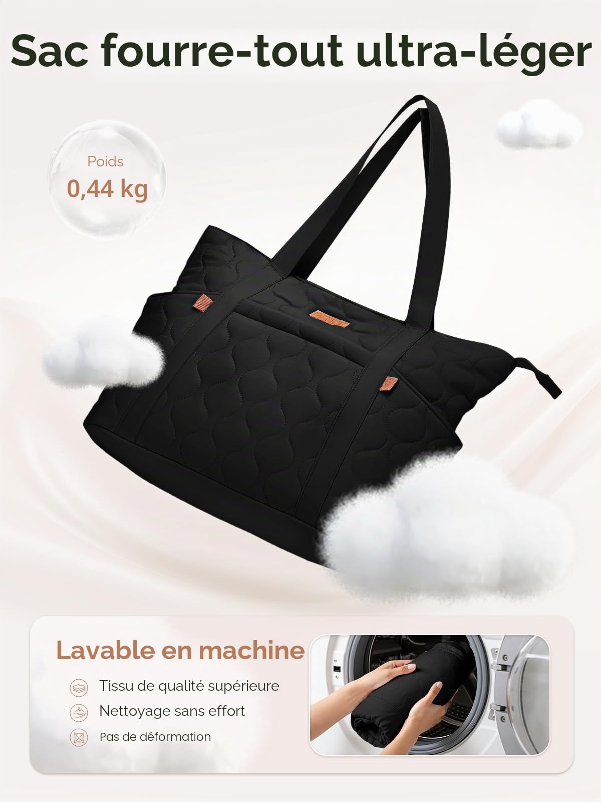 Sac Cabas pour Femme Grand, Sac Fourre Tout pour Ordinateur Portable 15,6 Pouces, Sacs a Main avec Fermeture Éclair, Sacs Bandoulière Léger pour Shopping Université Travail Voyage