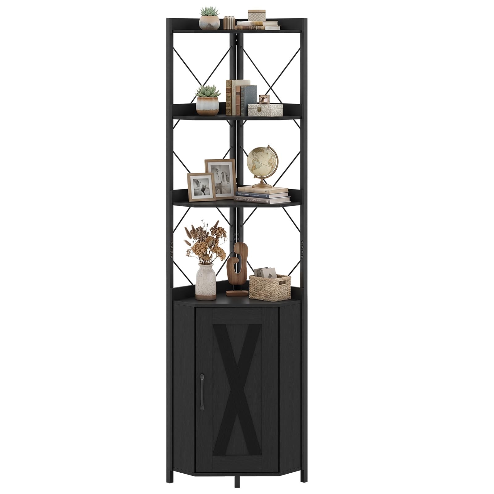 COSTWAY 6-Tier Industrial Corner Shelf, Tall Storage Bookshelf with Door Cabinet, Freestanding Bookcase Display Shelving Unit for Home Office (Black, 38 x 38 x 180 cm)