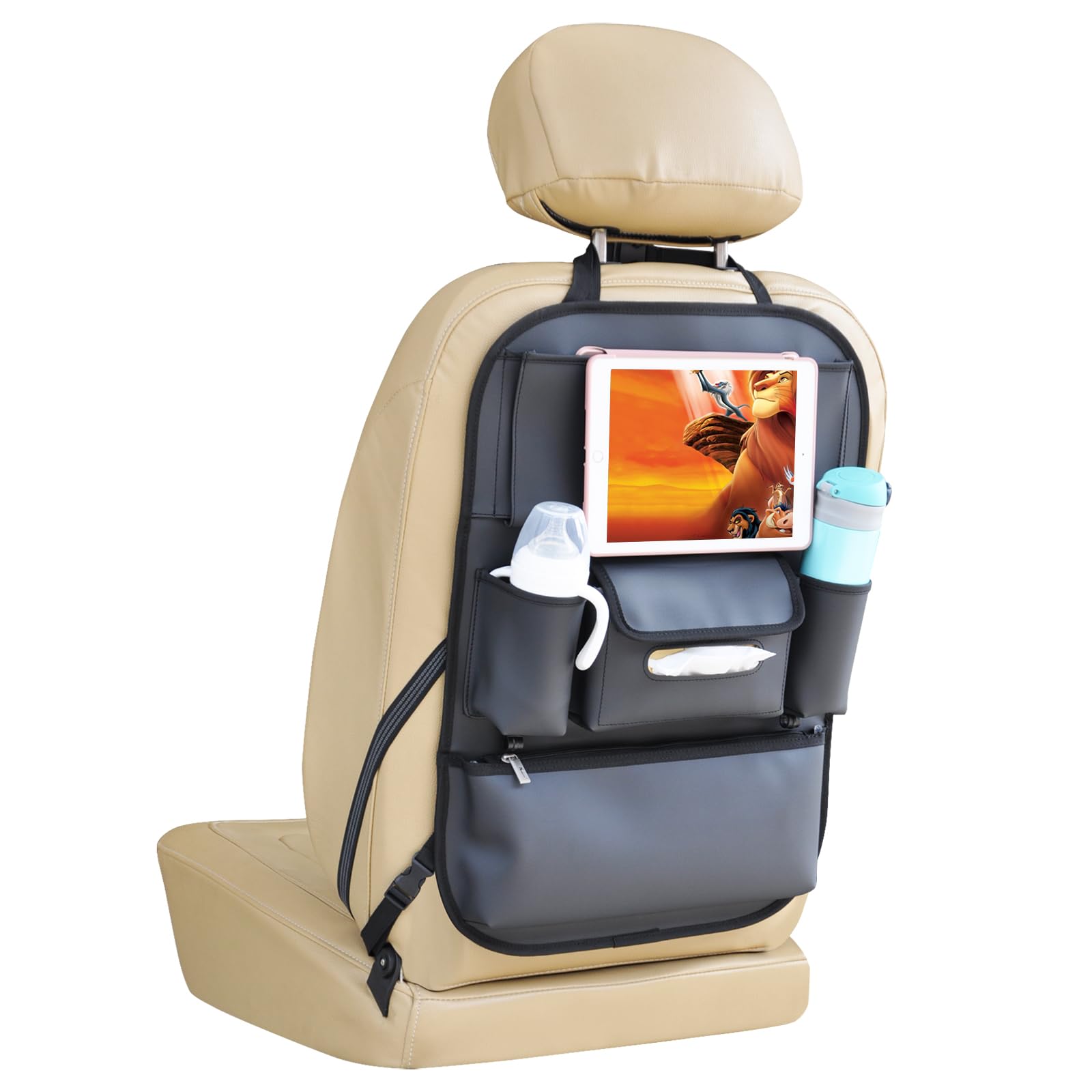 Viaviat Car Seat Organizers Waterproof Backseat Protector with Storage Pocket Large Leather Kick Mats for Kids Pets Automobile SUV Truck (Black, Large Pocket)