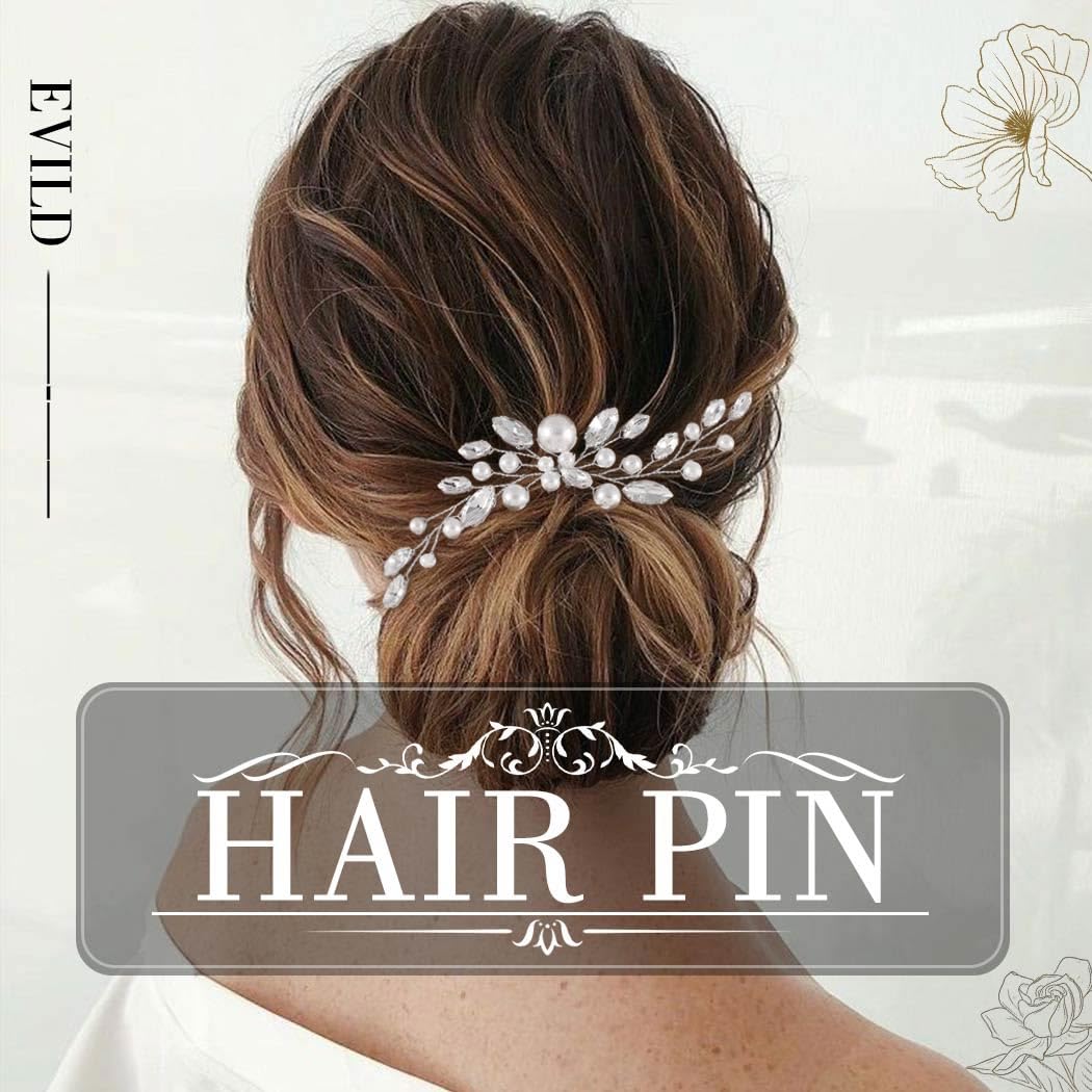 EVILD Haarnadeln mit Perlen für Braut, Hochzeit, Silber, Strass, Haarteil, Kristall, Braut-Haarschmuck für Frauen (Silber)