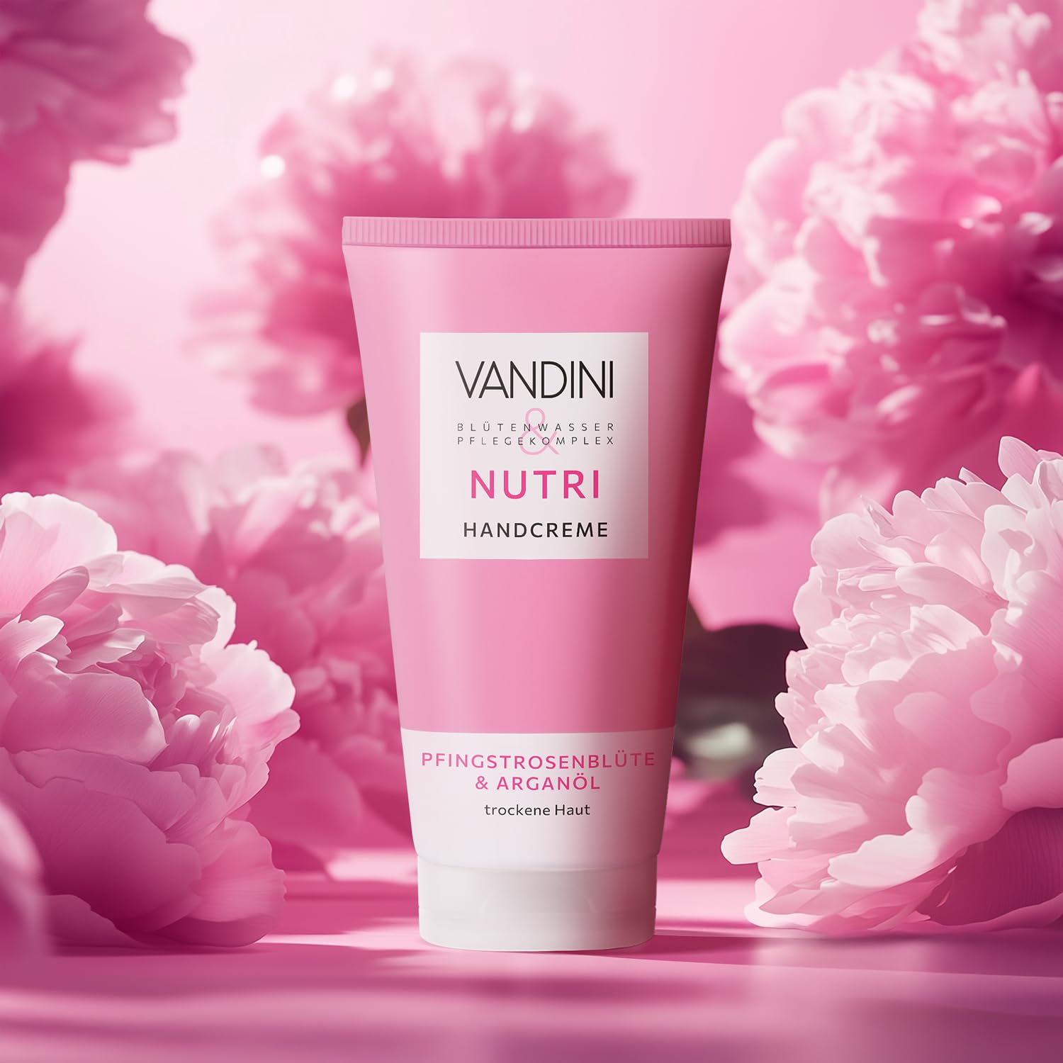 VANDINI NUTRI Crema de manos para mujer, 6 unidades, 75 ml, con flor de peonía y aceite de argán, crema de manos para piel seca, vegana, sin parabenos ni siliconas, dermatológicamente probada