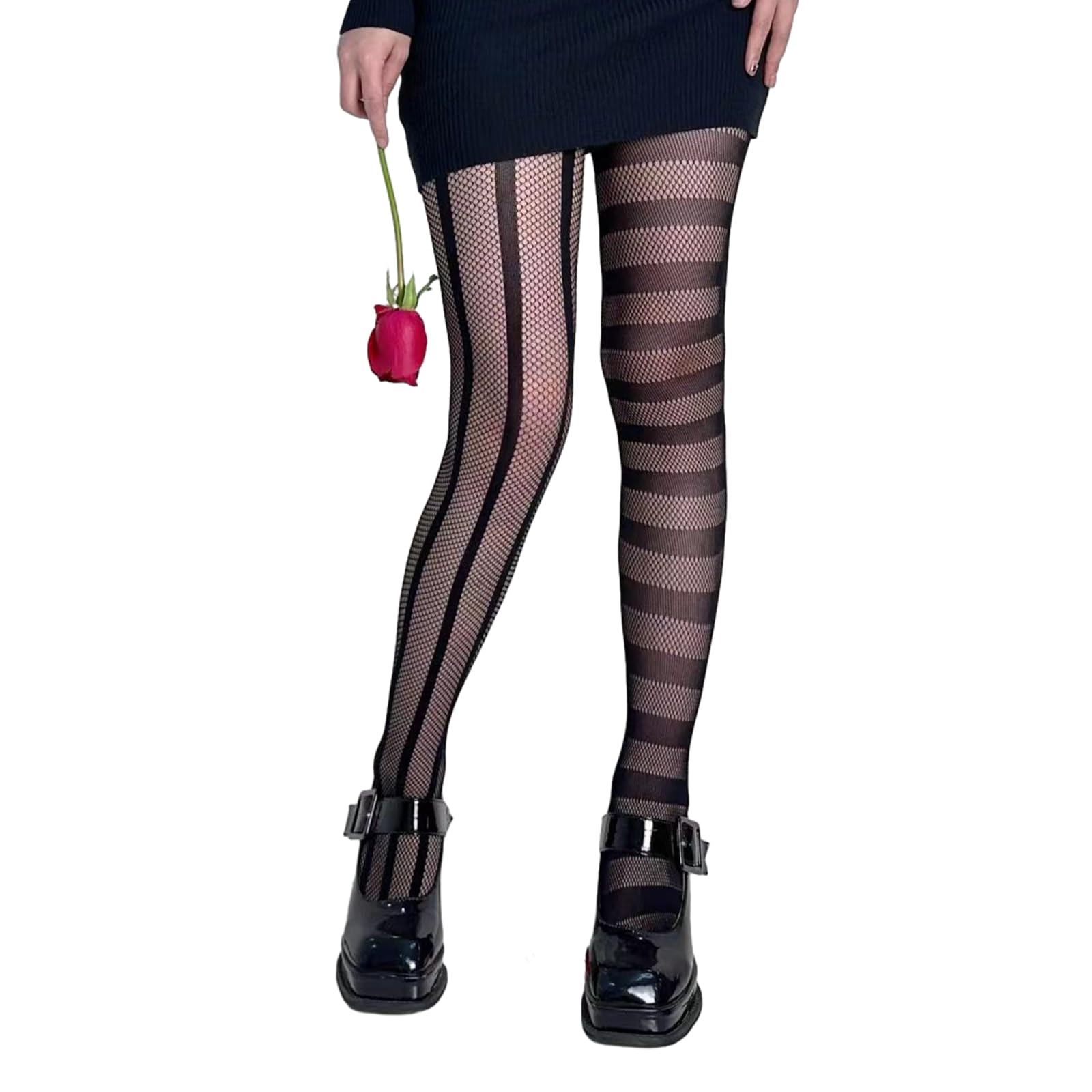 Alloneslife Unisex Asymmetrical Stripes Womens Patterned Tights Fishnet Pantyhose High Waist Stockings Ladies Thin Long Black Stockings For Skirt Dress(Asymmetrical Stripes)