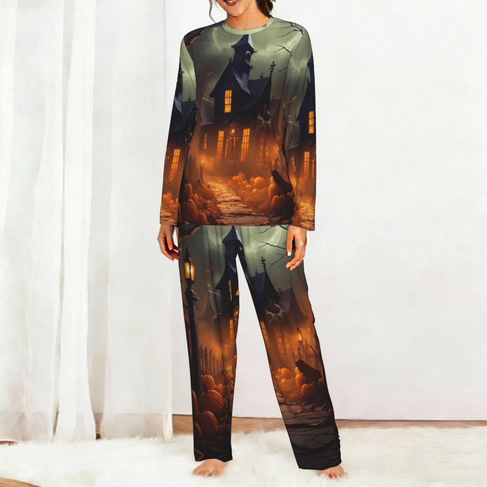 Pigiama da donna a maniche lunghe con stampa spaventosa di Halloween, morbido pigiama da spiaggia, vacanze, abbigliamento da notte, regalo casual