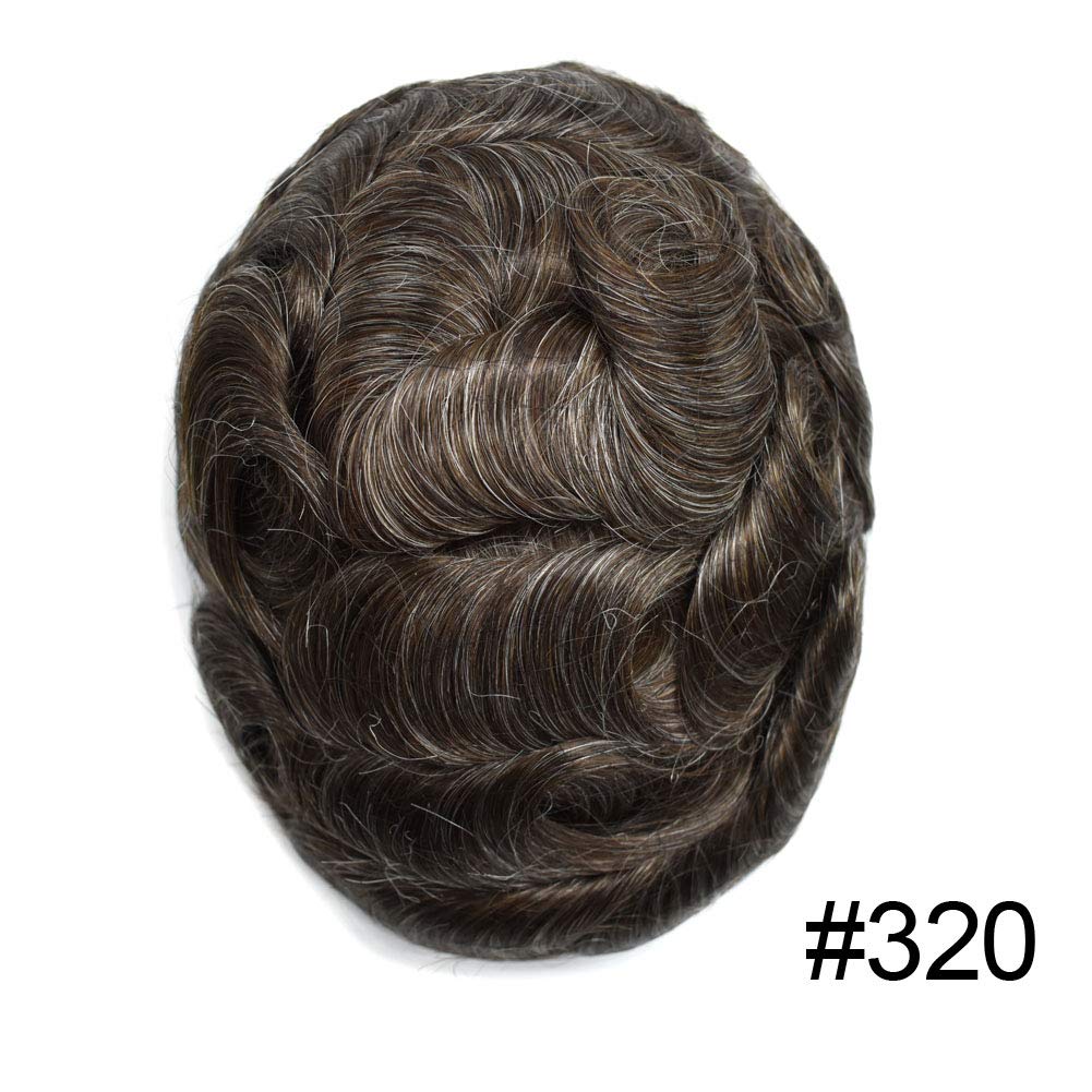Thin Skin Toupee For Men Hair Piece 0.12mm Injected Poly Skin Men Toupee 100% European Human Hair Units 8''x10'' Scallop Front Men Hair System Natural Hairline US Stock. (8''x10''-120% Medium Light to Medium Density, #320 3# DARK BROWN WITH 20% SYNTHETIC GREY)
