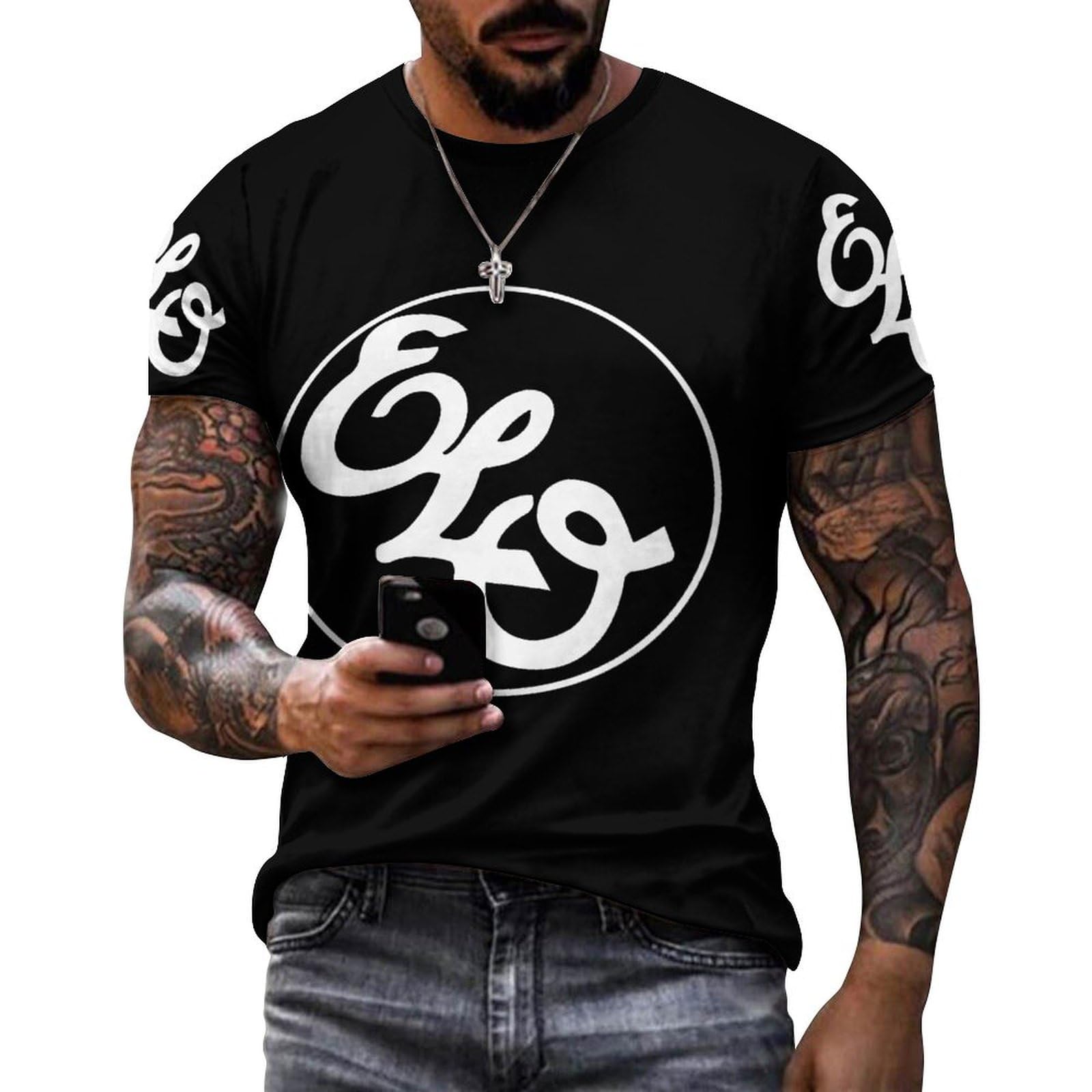 MZPQDKSLK Men's Electric Logo Graphic Cotton T-Shirt El*o Short Sleeve Light Black T Shirt for Men Round Neck Music Orches*tra Clothes Merch for Fans