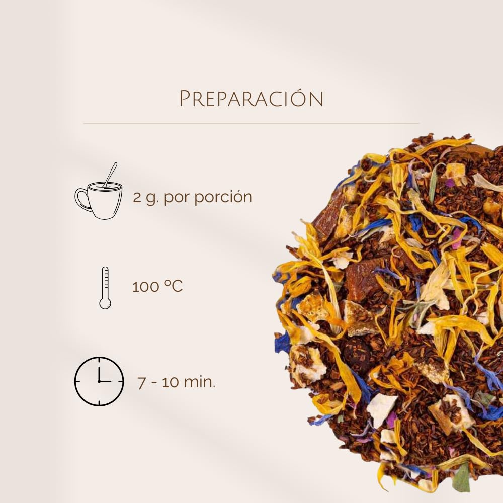 Rooibos de Frutas Exóticas y Vainilla a Granel 100 Gramos - Cultivo Sostenible - Ingredientes Naturales: Aciano, Albaricoque, Caléndula, Mango, Miel, Naranja, Papaya, Pimienta, Plátano, Vainilla.