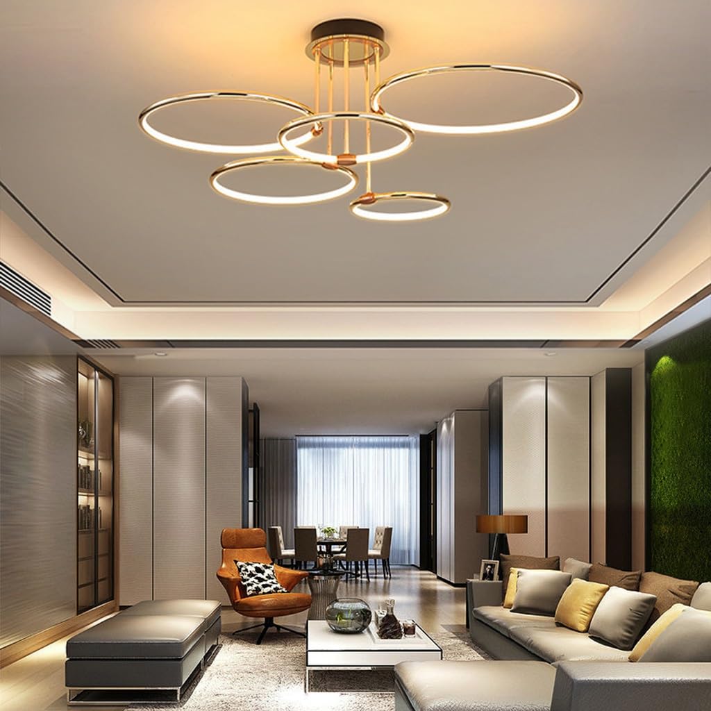 KXEcoLife Dimmable Modern LED Chandelier with Remote Control Adjustable 3000-6500K Brightness 5-Ring Creative Pendant Light for Dining Room Living Bedroom