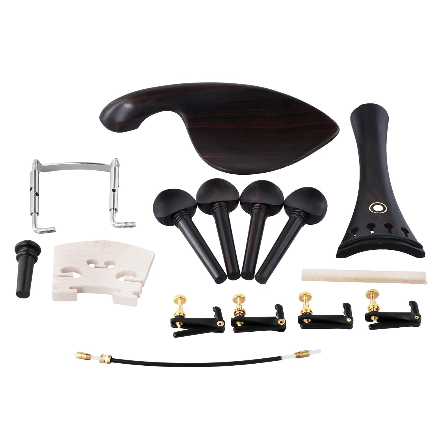 QWORK 15Pcs 4/4-3/4 Size Violin Fiddle Accessories Kit - Ebony Wood - Tailpiece, Tuning Pegs, Chin Rest, Endpin, Tail Gut, Fine Tuners, Chin Rest Clamp - Violin Parts & Accessories