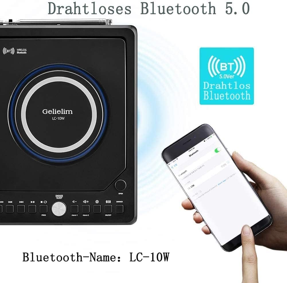 G Keni Radio mit CD Player (UKW Radio) | Radio mit Bluetooth - 10 Watt kabellose Ladegerät, Wecker Digital mit LED Display, 3.5mm AUX, Kopfhöreranschluss, USB Input (schwarz)